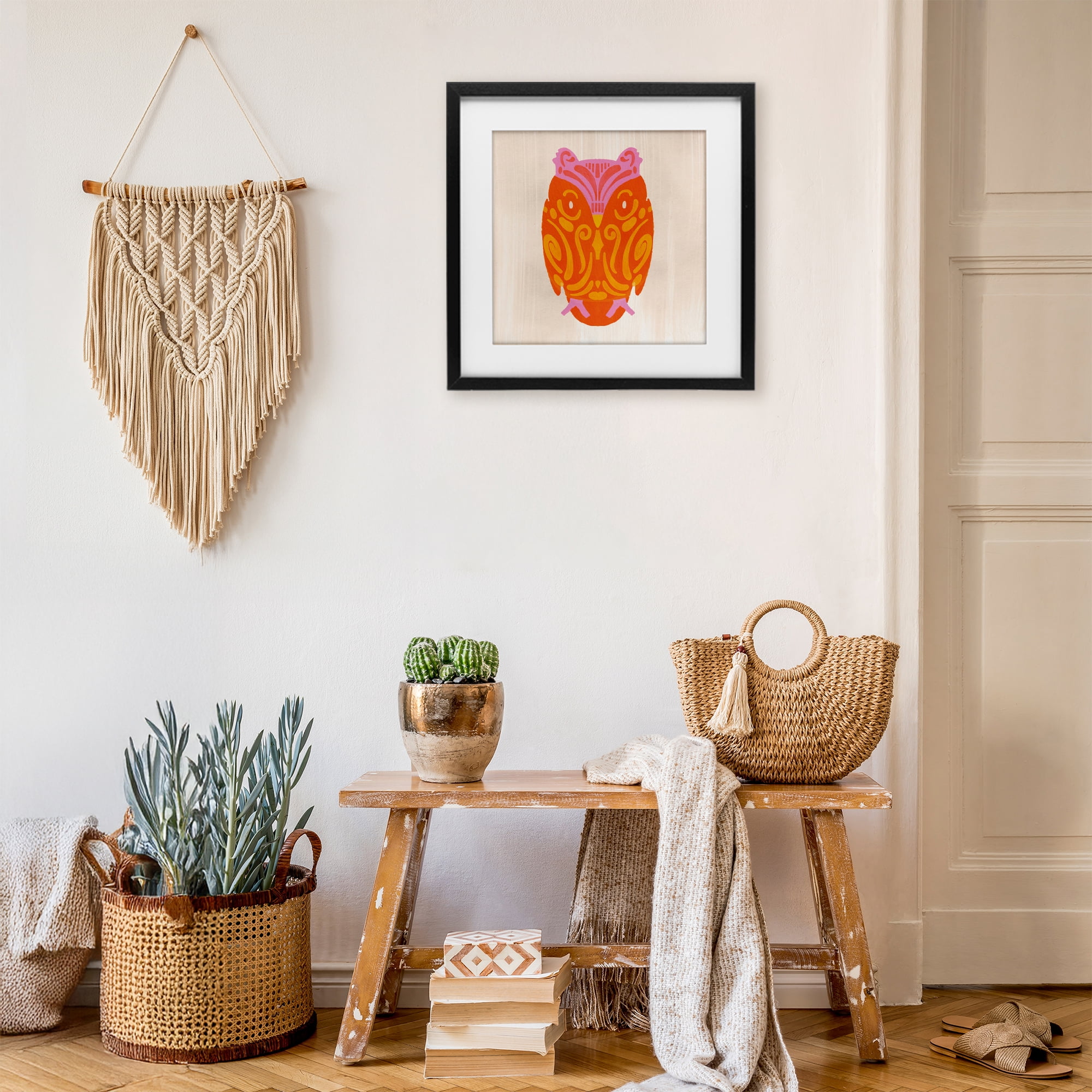 Stupell Industries Vibrant Folk Owl Motif Black Framed Print Under Glass, design by The Paper Curator