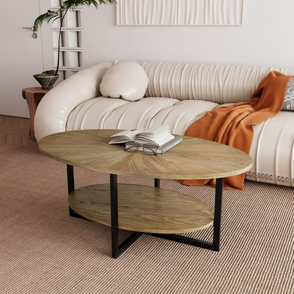 JESONVID Solid Wood Oval Coffee Table with Cross Metal Legs, 43.3" 2-Tier Modern Industrail Center Table with Open Shelf Polished Edging Cocktail Tea Table for Living Room Bedroom Home, Rustic Nature