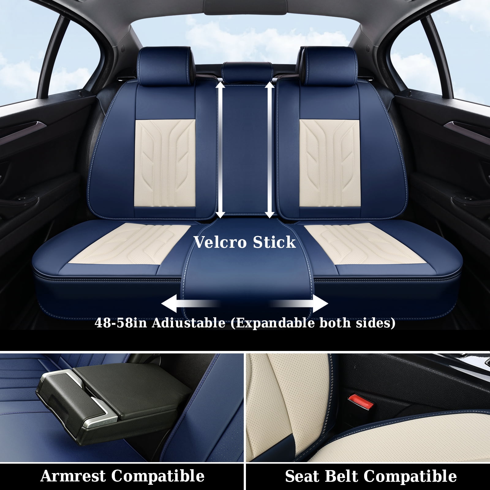 Coverado Car Seat Covers Full Set, Waterproof Airbag Compatible Faux Leather Front and Back Car Seat Protectors, Universal Fit for Most Sedans SUV Pick-up Truck, Blue&Beige