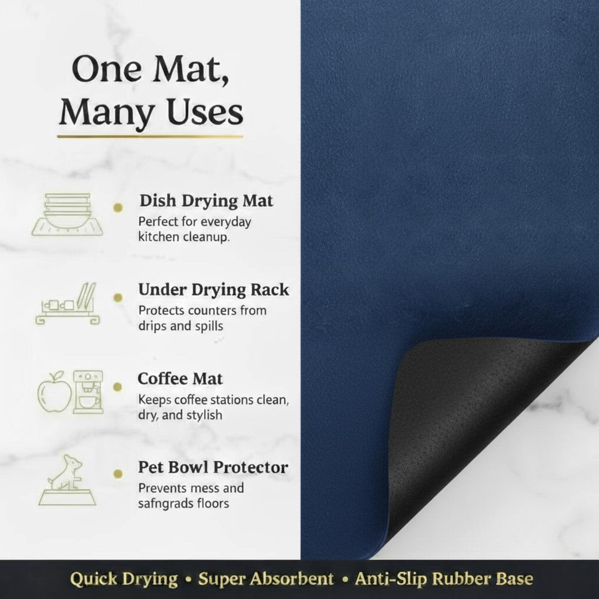 STRABELLA: Dish Drying Mat - 24x16", Navy Blue - Super Water Absorbent, Quick Dry Foam, Multi-Purpose, Kitchen Countertops, Non-Slip, Machine Washable