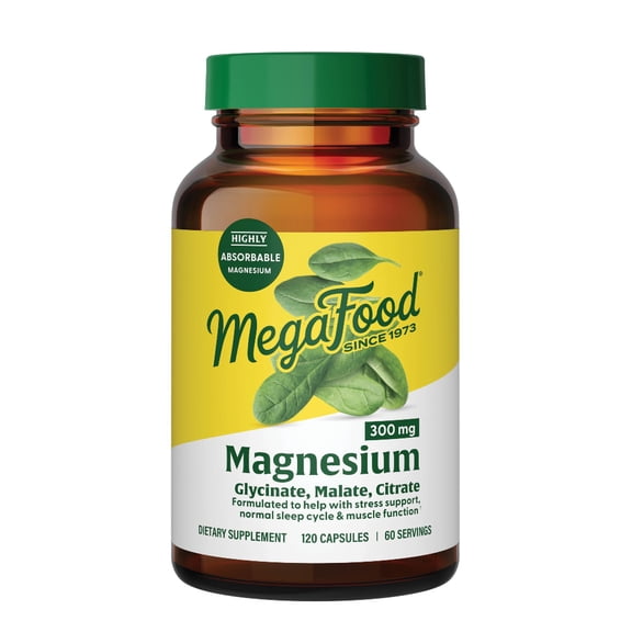 MegaFood Magnesium 300mg - Glycinate, Citrate, Malate - Heart, Nerve Health - 60 Servings