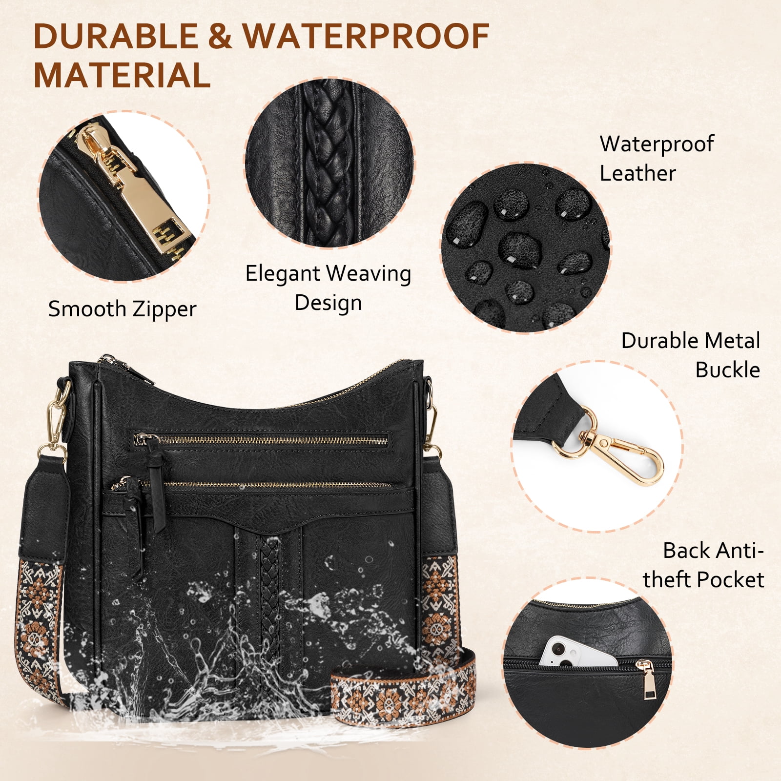 RAINSMORE Crossbody Bags for Women Leather Shoulder Handbags Trendy Crossbody Purses Soft Lightweight Travel Purse,Black