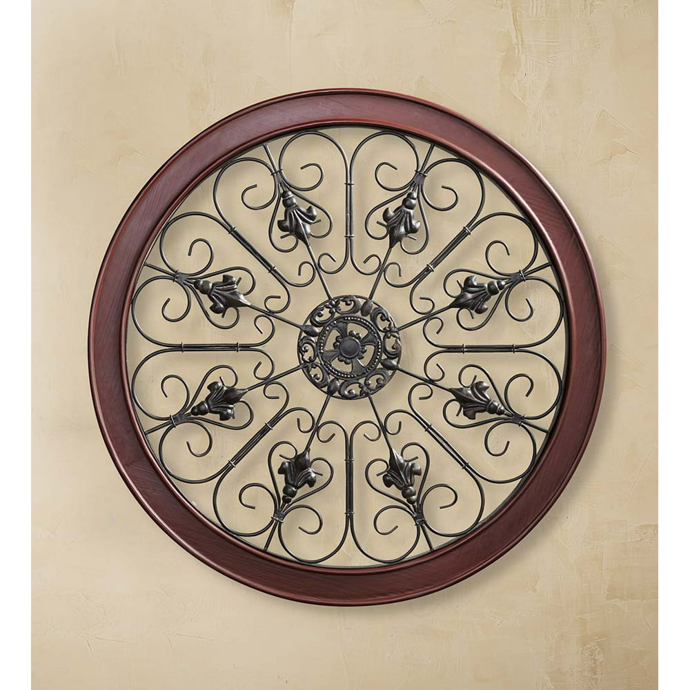 Wood and Metal Medallion Wall Art with Distressed Burgundy