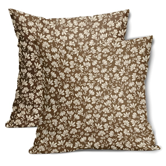 AUQ Brown Beige Daisy Floral Pillow Covers 20X20 Inch Vintage Flowers Decorative Pillow Cases Set of 2 Block Print Cotton Linen Throw Pillows Farmhouse Decor For Sofa Couch Porch Bed Cushion Outdoor
