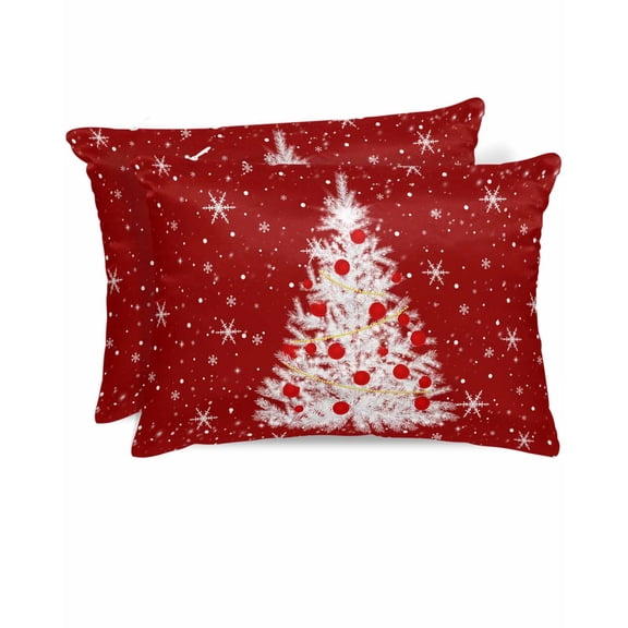 Hokiten Pillow Cases Standard Size Set of 2, Lumbar Pillow Covers, Red Christmas Tree Satin Pillowcases with Zipper for Hair/Skin, Winter Balls Snowflake Xmas Tree 20x26 Inches