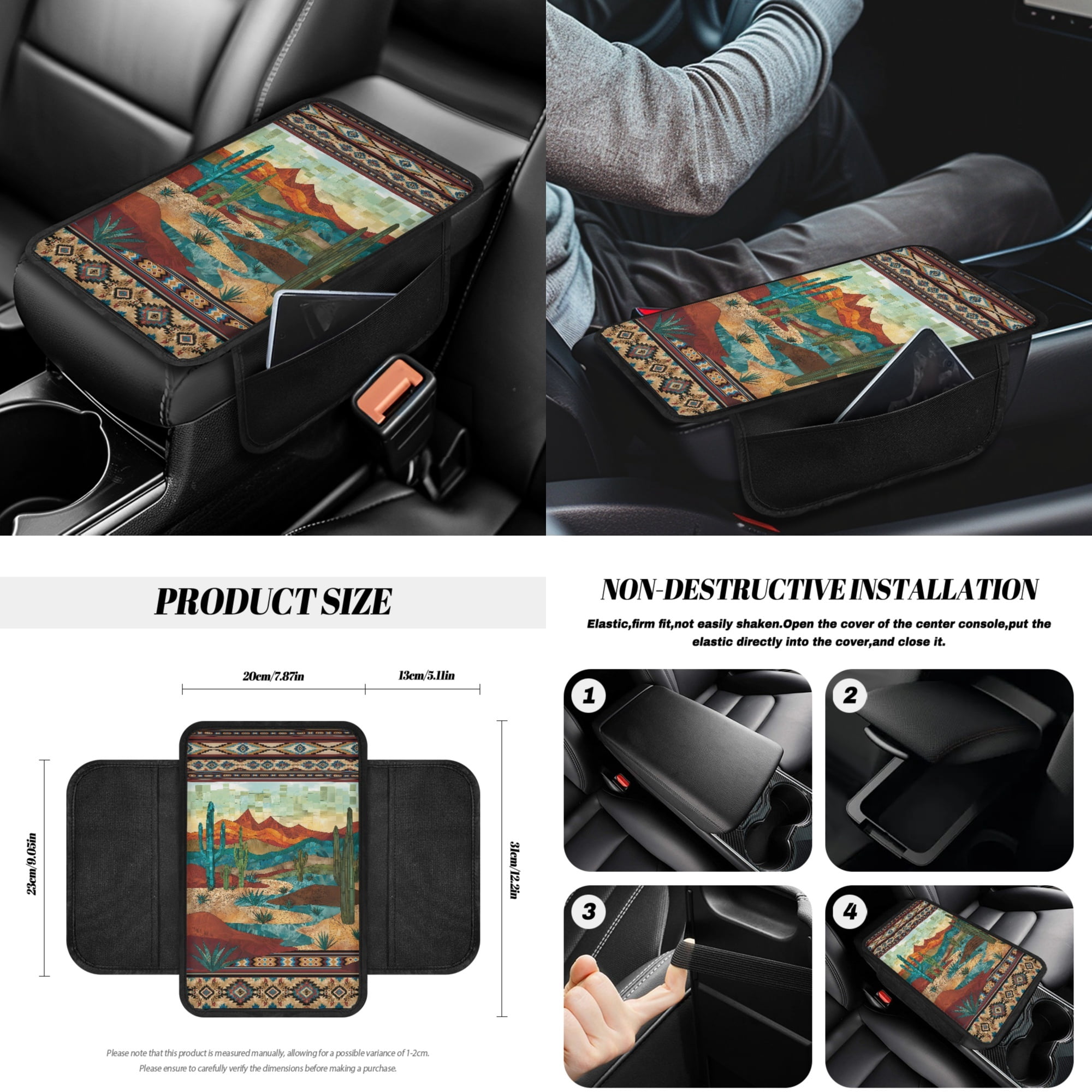 Yuyamidu 14pcs Western Aztec Car Seat Cover Split Cover Cactus Steering Wheel Cover Seatbelt Pads Auto Armrest Cover Trash Bin Rearview Mirror Cover Handbrake Cover Set Cup Coasters