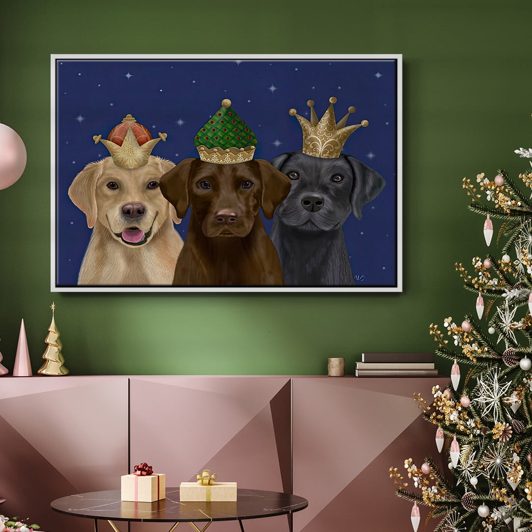 Christmas Labradors, Three Kings - Framed Gallery Wrapped Holiday Canvas - 25 x 37 - White Frame