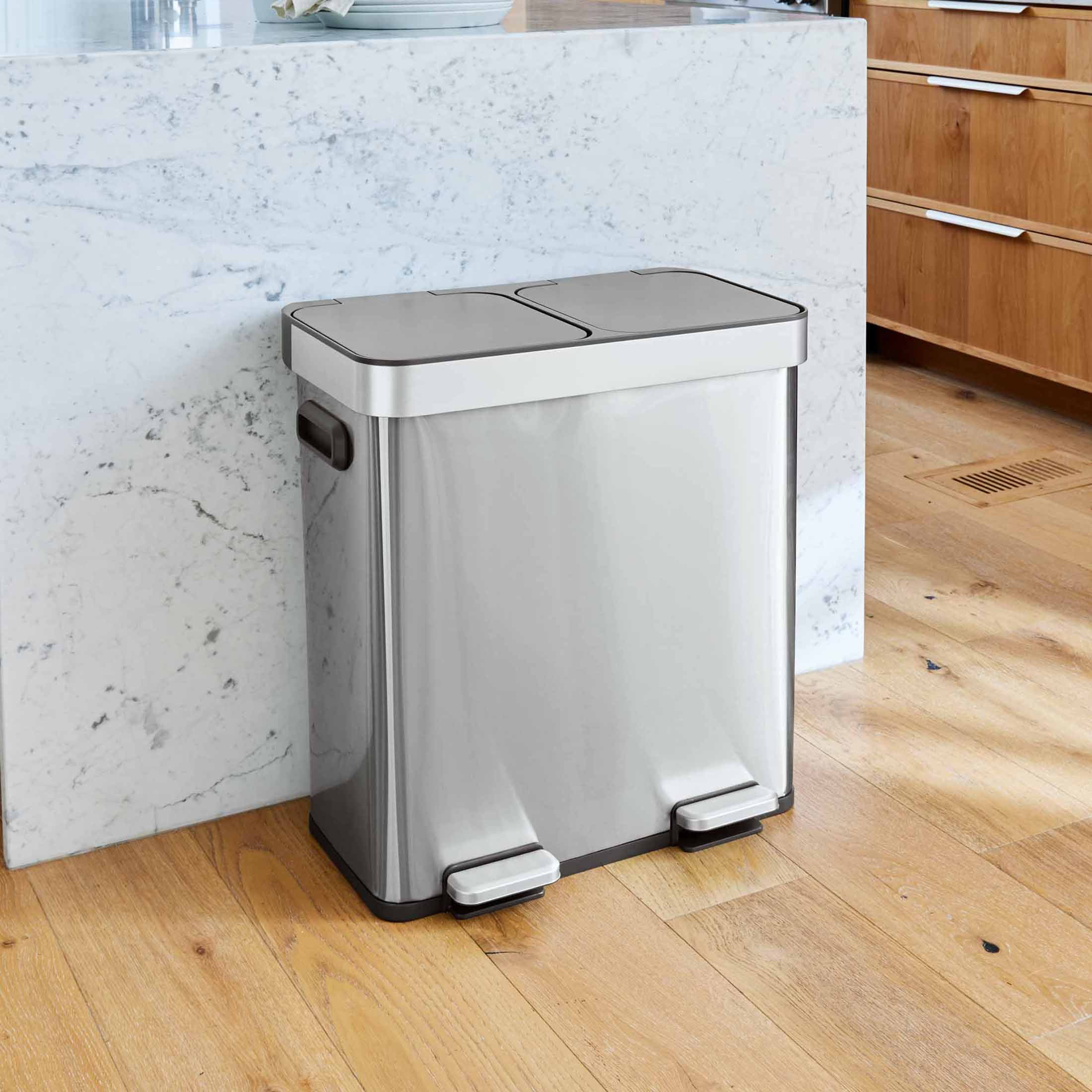 Better Homes & Gardens Kitchen Trash Can, 18 Gallon Stainless Steel Recycle Step Garbage Bin with Dual Compartment Lid, Silver