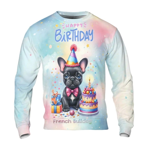 Happy Birthday Cute Puppy French Bulldog with Cake Gifts Party Hat All Over Print 3D Sweatshirt Unisex Merch Dog Lover Gifts - 00029