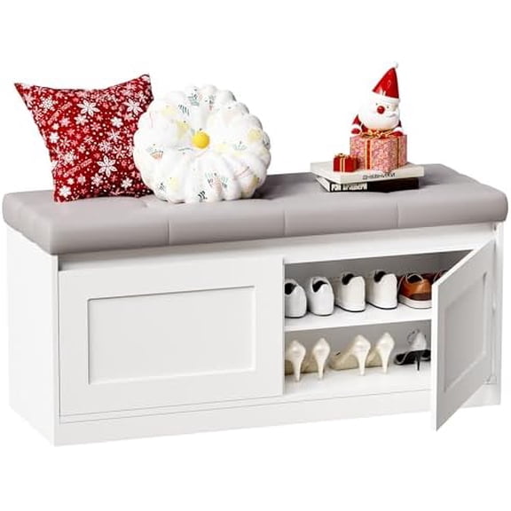 Shoe Storage Bench, Shoe Bench with Padded Seat Cushion, 500 LB Capacity, 2-Tier Storage Bench for Entryway, Entryway Bench with Adjustable Shelf for Living Room Bedroom Hallway White KHD01W