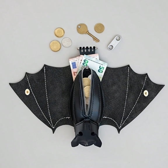Handmade Gothic Bat Wing Coin Purse with Zipper & Keychain, Portable Small Wallet for Bags Belts, Fashion Accessory for Men Daily Use
