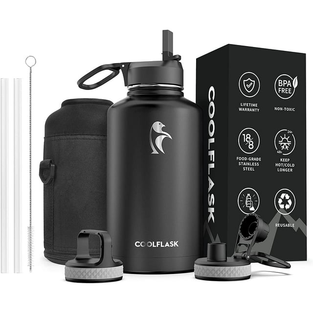 64 Water Bottle oz with Straw & Spout Lid, Coolflask Insulated Water Bottle Half Gallon Wide Mouth, Sweat-Proof BPA-Free Keep Cold for 48 Hrs or Hot for 24 Hrs, Magic Black