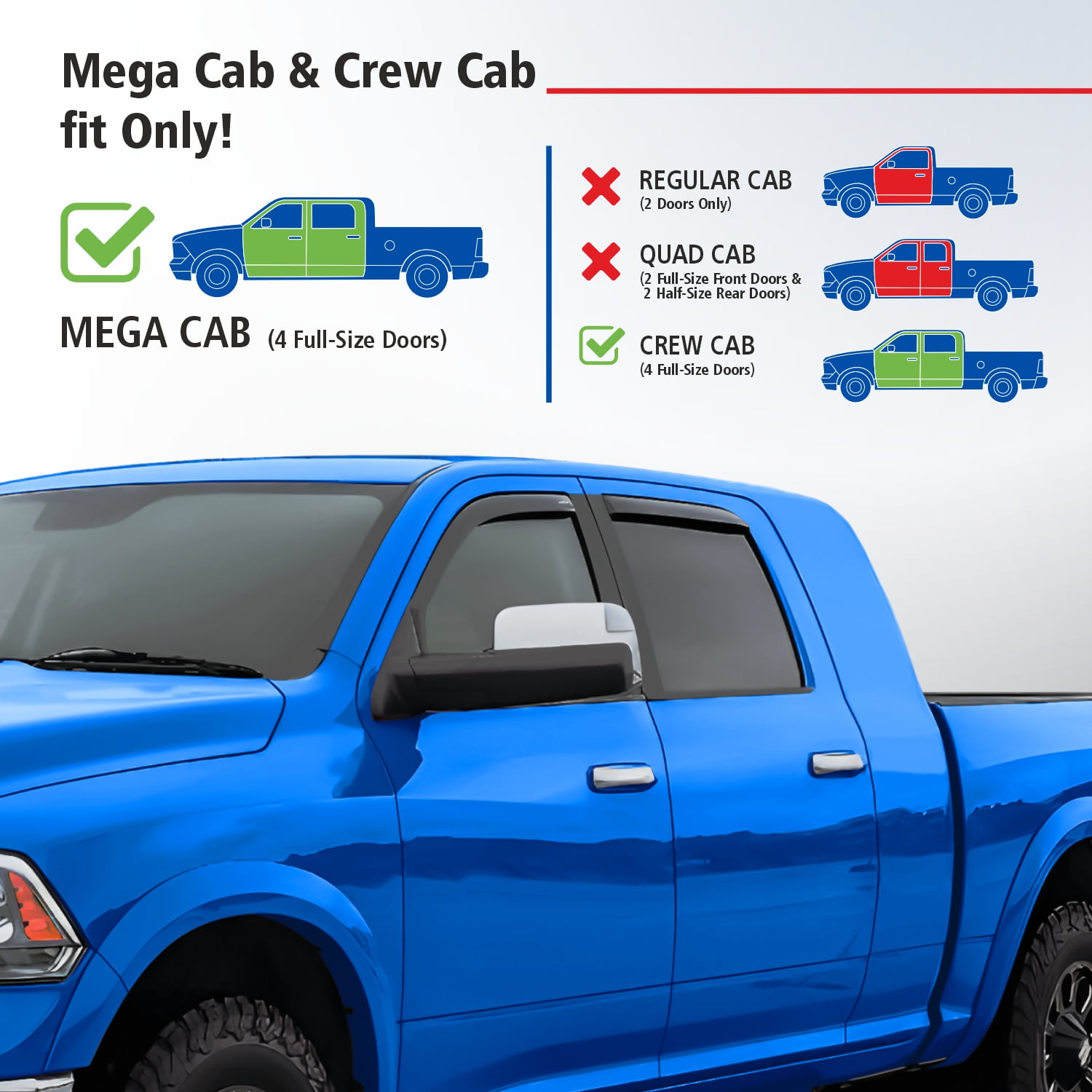 Goodyear Shatterproof In-Channel Window Deflectors for Dodge Ram 2500/3500 2010-2026 Mega Cab, Rain Guards, Window Visors for Cars, Vent Deflector, Car Accessories, 4 pcs - GY007728