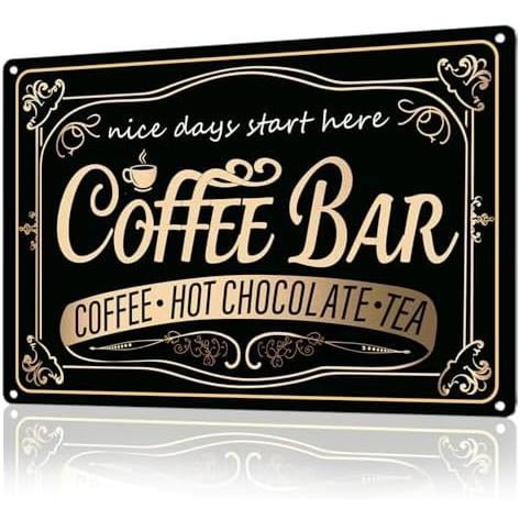 8*12inchs Coffee Bar Sign - 12 × 8'' Vintage Metal Signs with Coffee Hot Chocolate and Tea Coffee Signs for Coffee Station Home Kitchen Wall Decor, Indoor/Outdoor Use