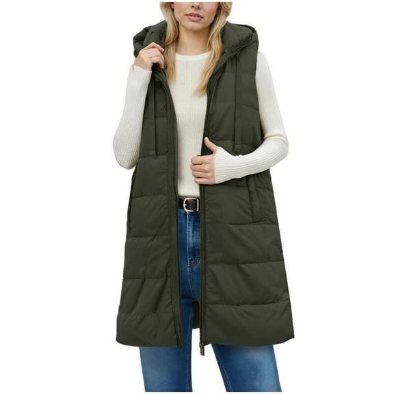 HTNBO Long Puffer Vest Women Oversized Quilted Hooded Jacket Lightweight Down Vests Sleeveless Winter Coat with Pockets