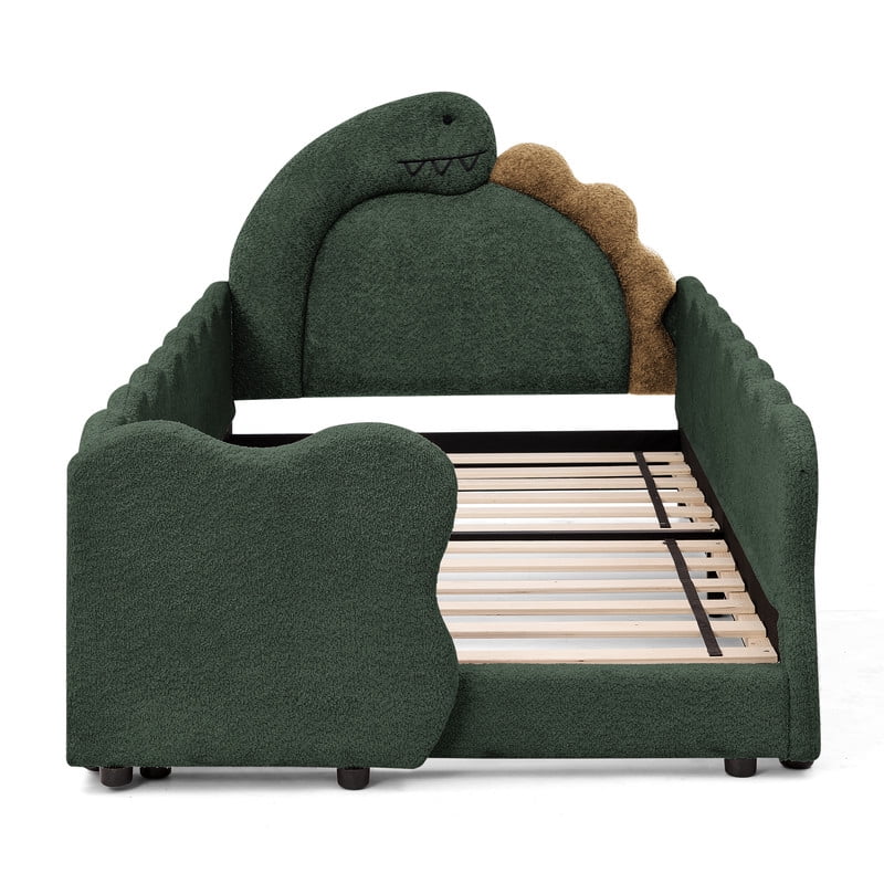 Twin Size Upholstered Platform Bed with Dinosaur Shaped Headboard, Boucle Fabric Kids Bed with Slats Support, Space-Saving Daybed for Girl, Boy, Teenager