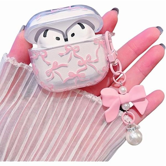 wonima44 Compatible with AirPods 4 Clear Case,Cute Ribbon Bow Pretty Aesthetic Design with Bow Pearl Keychain,Soft TPU Protective Shockproof Case for Women Girl for Airpod 4-Pink
