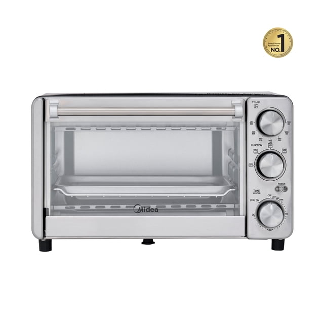 horno eléctrico tostador midea 12 l 4 rebanadas — frontal centrado de hornito plateado de acero inoxidable con puerta de vidrio; perillas a la derecha para temperatura 65–232°C, función (hornear, tostar, asar, mantener caliente) y timer hasta 30 min; cavidad galvanizada con bandeja y rejilla incluidas; potencia 1100W; también suele usarse para recalentar pequeñas porciones de comida.