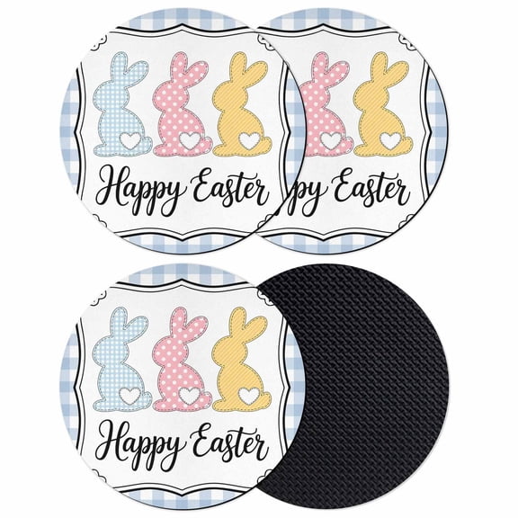 Happy Easter Coasters Set of 4, Absorbent Coasters for Drinks, Cute Lovely Colorful Rabbits Silhouette Blue Plaid Coaster for Desk Coffee Table Protection, Home Decor House Warming Gifts 4"