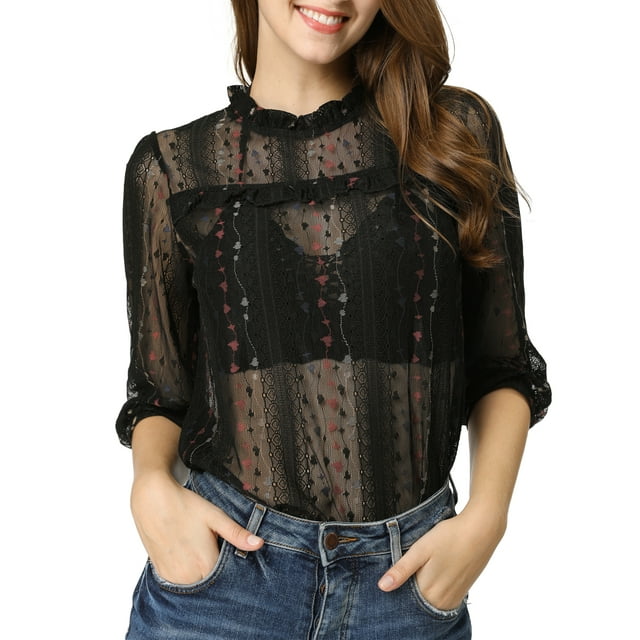 INSPIRE CHIC Hauts en Dentelle Transparente à Col Montant à Volants Manches 3/4 pour Femmes P Noir