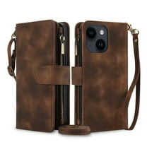 ELEHOLD for iPhone 15 Wallet Case,Flip Leather Women Men Credit Card Cash Slot Zipper Kickstand Shockproof  Protective Case with Crossbody Wrist Strap for iPhone 15,Brown