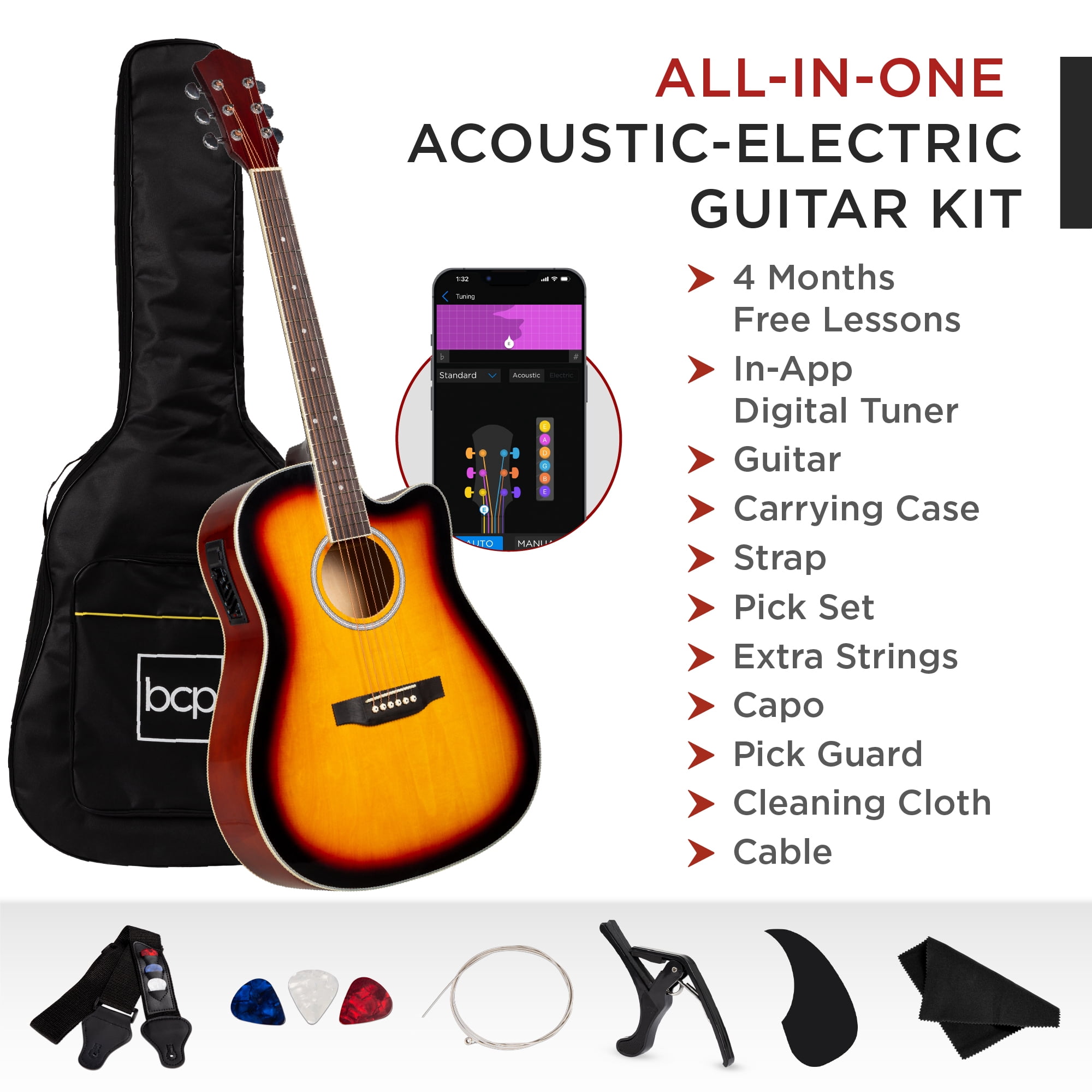 Best Choice Products Beginner Acoustic Electric Guitar Starter Set 41in w/ All Wood Cutaway Design, Case -  Sunburst