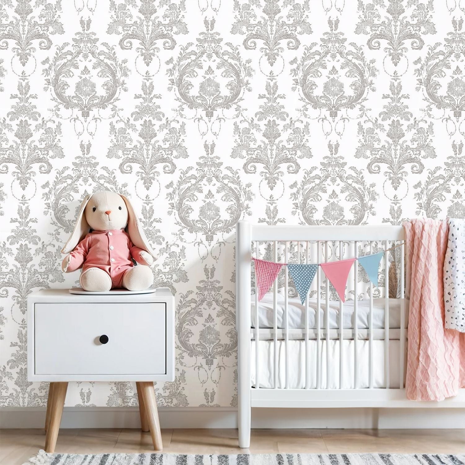 Vintage Peel and Stick Wallpaper 23.6in x 9.8ft Elegant Grey Floral Damask Ornate Baroque Style Motifs Contact Paper Vinyl Waterproof Self Adhesive Wall Paper for Bedroom Shelf Cabinet