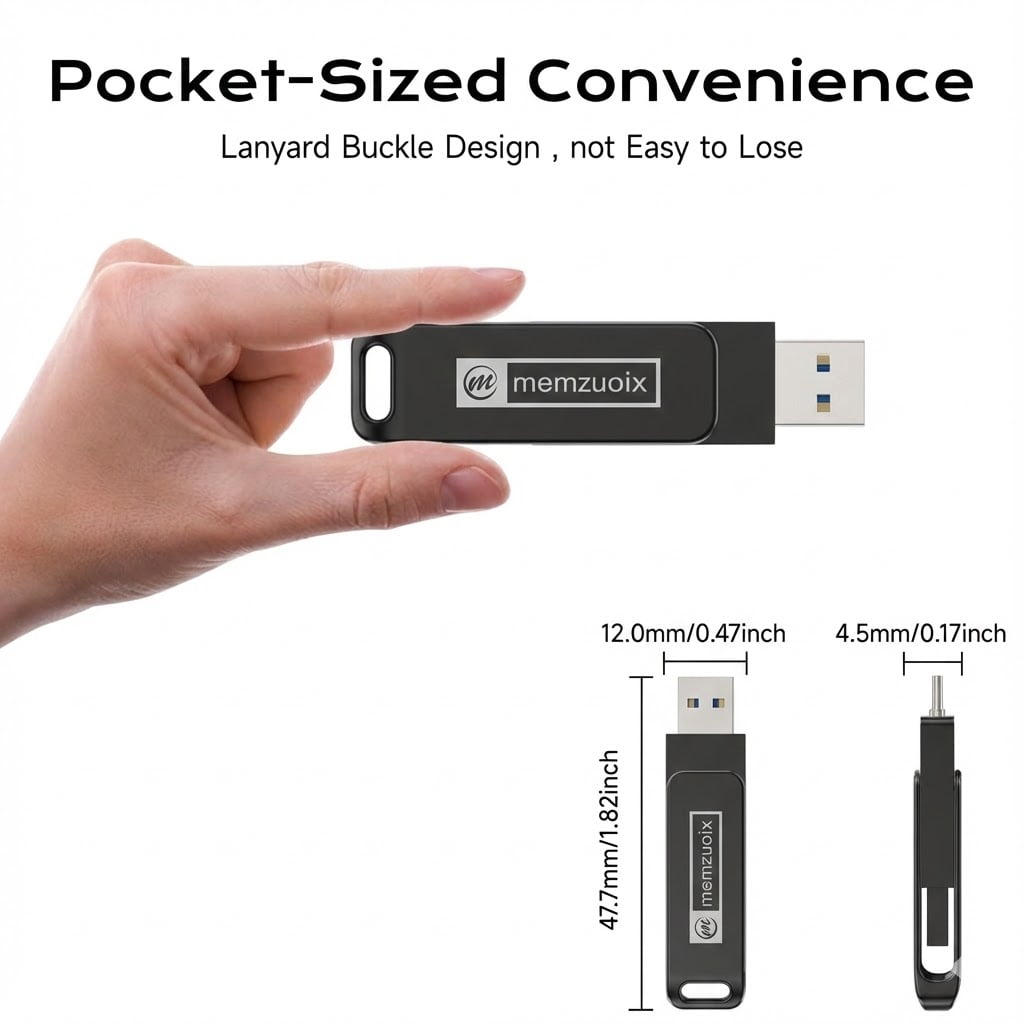 128GB USB Flash Drive, memzuoix Portable USB 3.2 Type-C Thumb Drive, Photo and Video Backup, 2 in1 External Memory Stick for PC/Laptop, Jump Drive for iPhone, OTG Android Phone, PC, Black