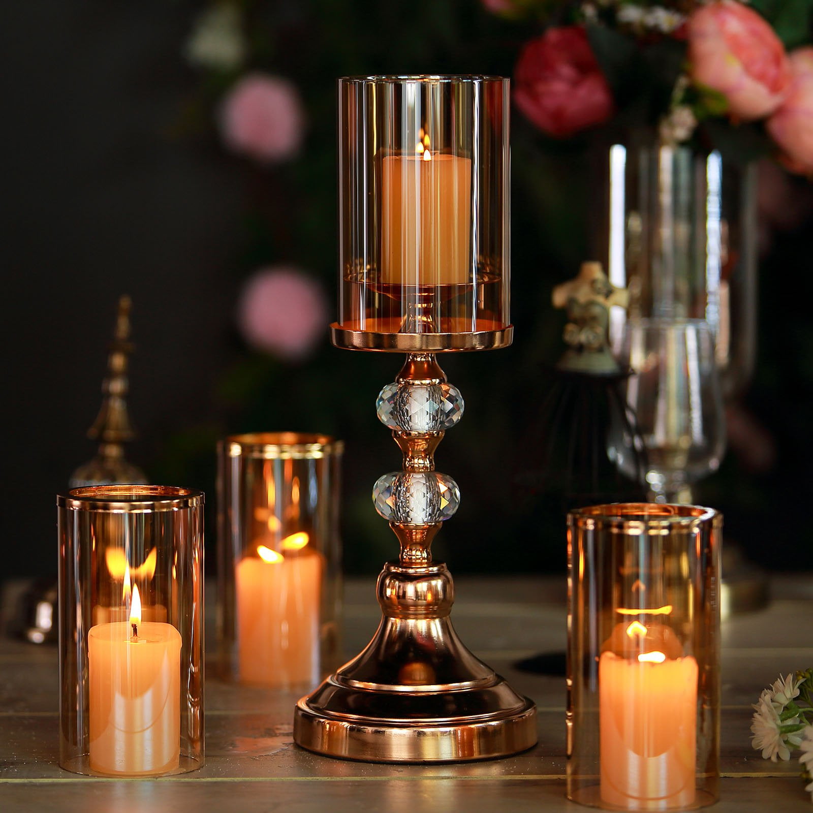 15 Tall Gold Metal Pillar Candle Holder With Hurricane Glass Tube 