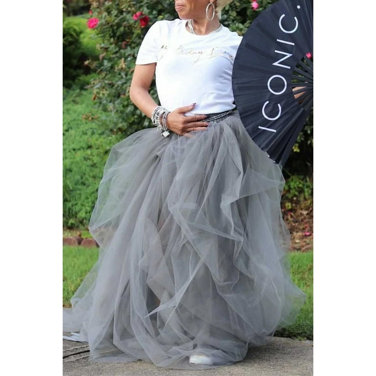 Women High Waist Tulle Tutu Long Skirt Layered High Waist Evening Party A Line Puffy Skirt with Slit