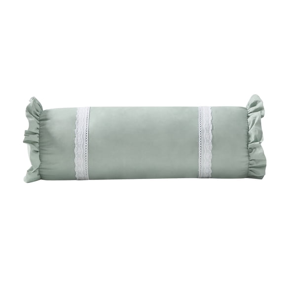 My Texas House 8 in x 22 in Green Ruffle Eyelet Trim Bolster Decorative Pillow