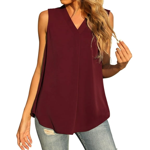 Women Summer Tops Womens Summer Sleeveless Chiffon Tank Tops Blouse Loose Casual V Neck Blouses Shirt Camisole Shelf Bra Spaghetti Top Camisole Set Cute Crop for Women Top Athletic Little Wine S