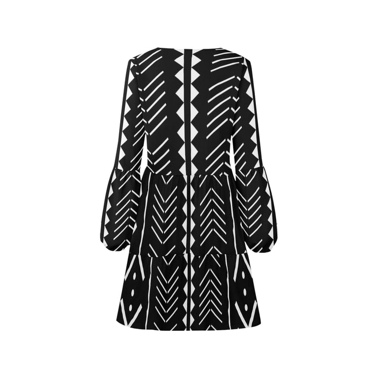 aztec black and white dress Black and White Aztec Print V-Neck Loose Fit Dress (Size:S;)