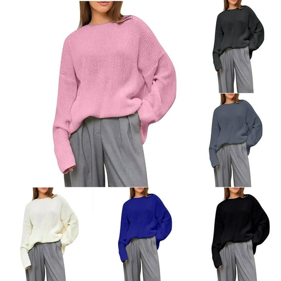 LOVZFMLL Women's Sweaters Acrylic Crew Neck Ribbed Pullover Solid Color Basic Casual Soft Loose Long Sleeve Tops Warm Fall Winter Clothes