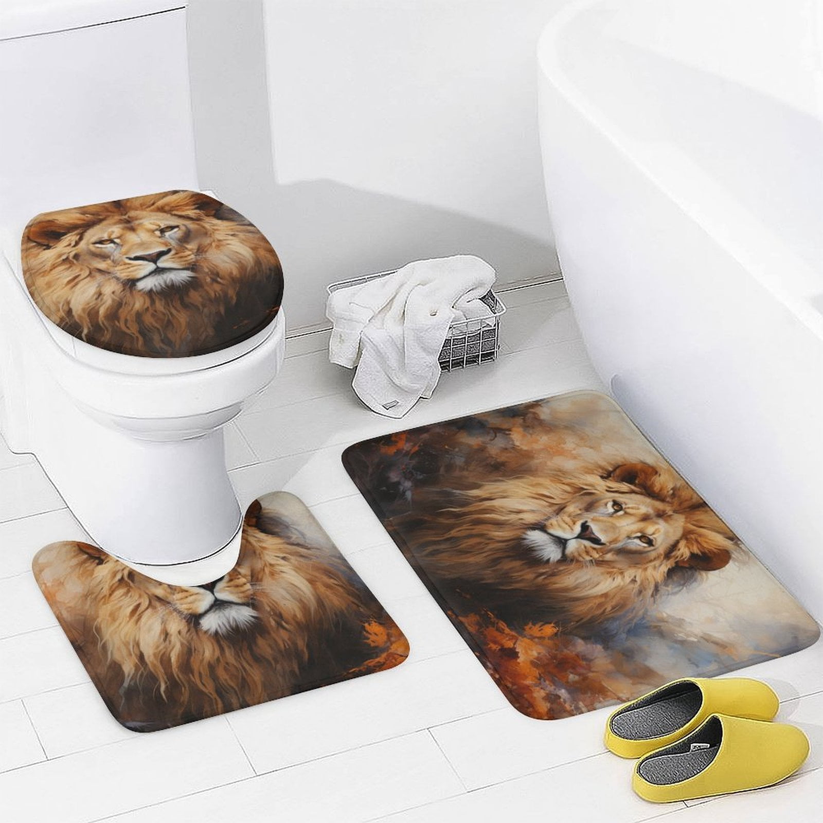 Artistic Lion Face 4 Pcs Shower Curtain Sets with Rugs Include Waterproof Shower Curtain Non-Slip Rug Toilet Lid Cover Bath Mat Wild Animal Lion Head Waterproof Fabric Bath Curtain for Bathtub Decor