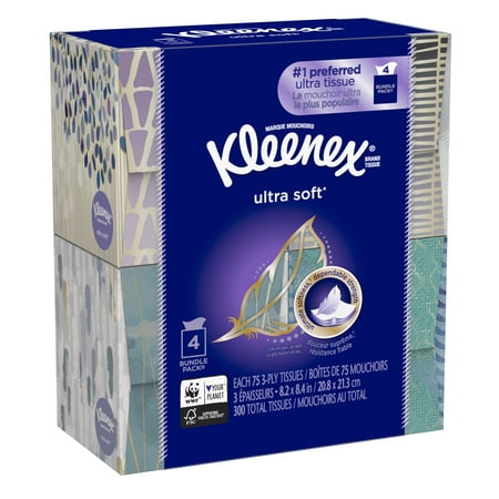 Kleenex Ultra Soft Facial Tissues, 4 Cube Boxes, 75 White Tissues per Box, 3-Ply (300 Total)