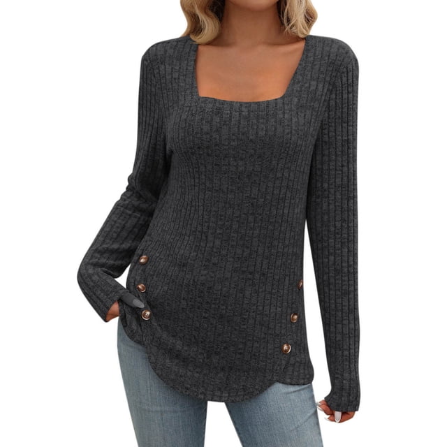 Womens Winter Clothes, Women's Fashion Long-Sleeve Square-Neck Solid Color Button Ribbed Brushed Top, Womens Winter Tops
