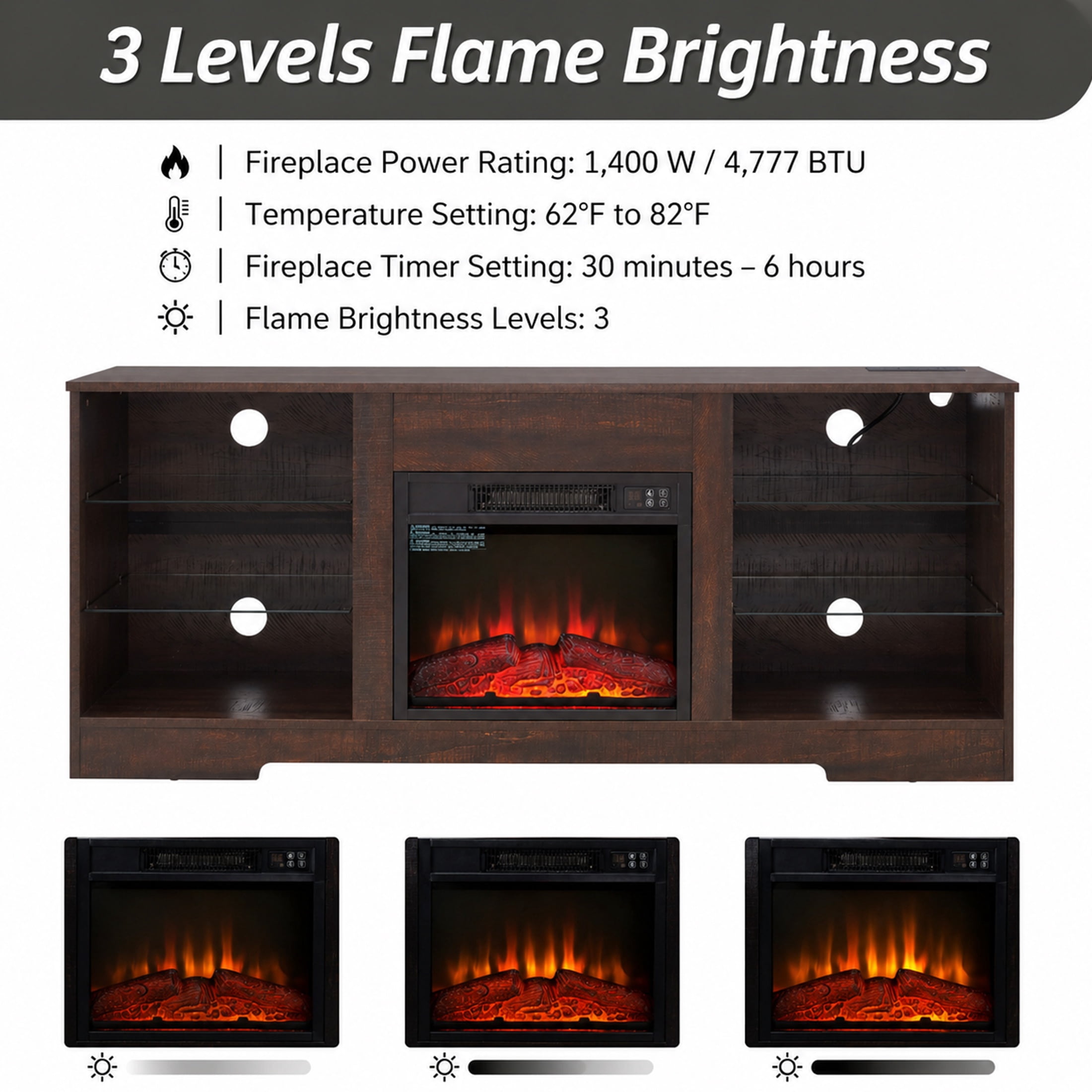 SESSLIFE Fireplace TV Stand, 58" LED Light Entertainment Center with Adjustable Flame Fireplace, Power Outlets & Shelves, Remote & App Control, TV Stand with Fireplace for Living Room, Espresso
