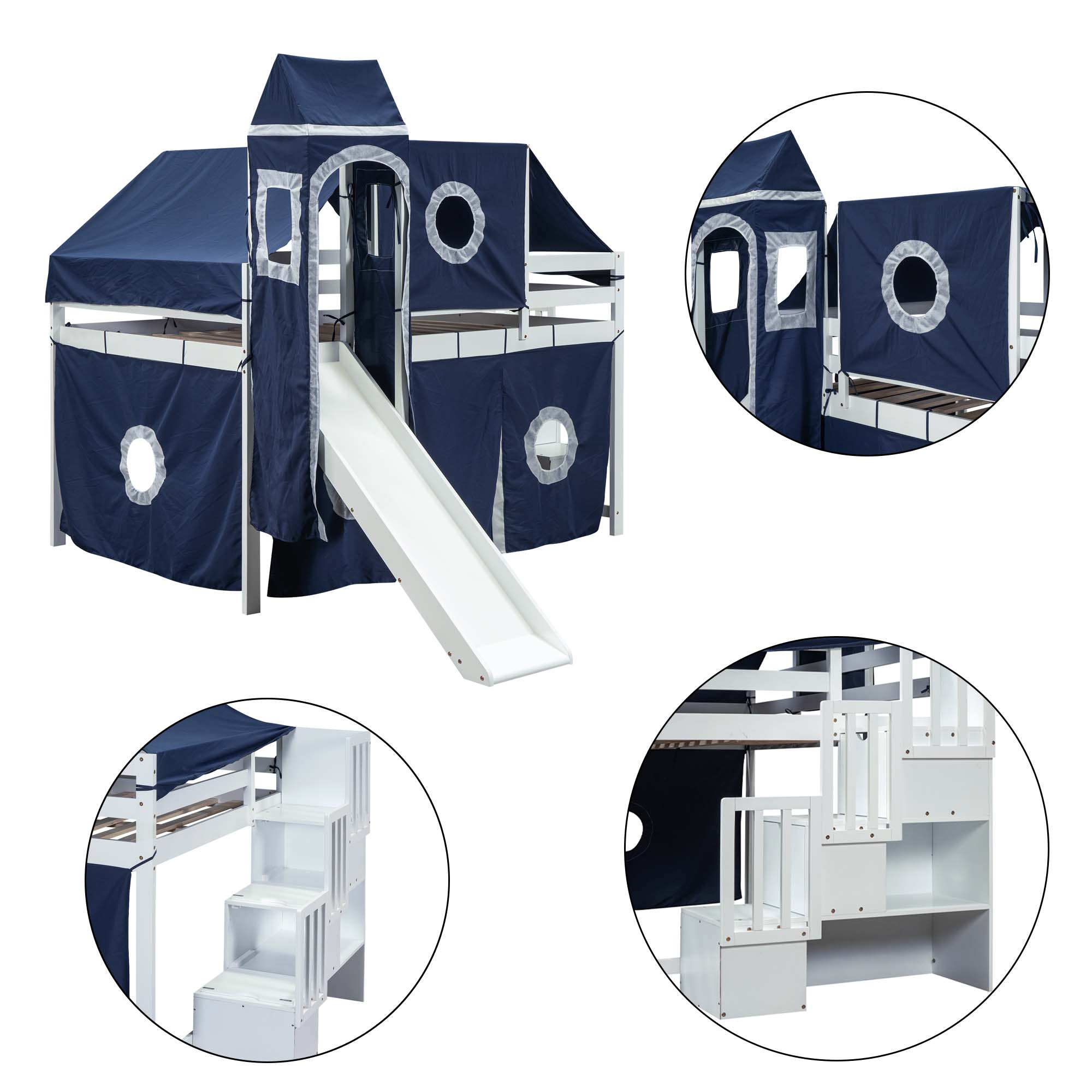 Aukfa Full Size Loft Bed with Slide - House Loft Castle Bed with Stairway Tent Tower for Kids - Navy