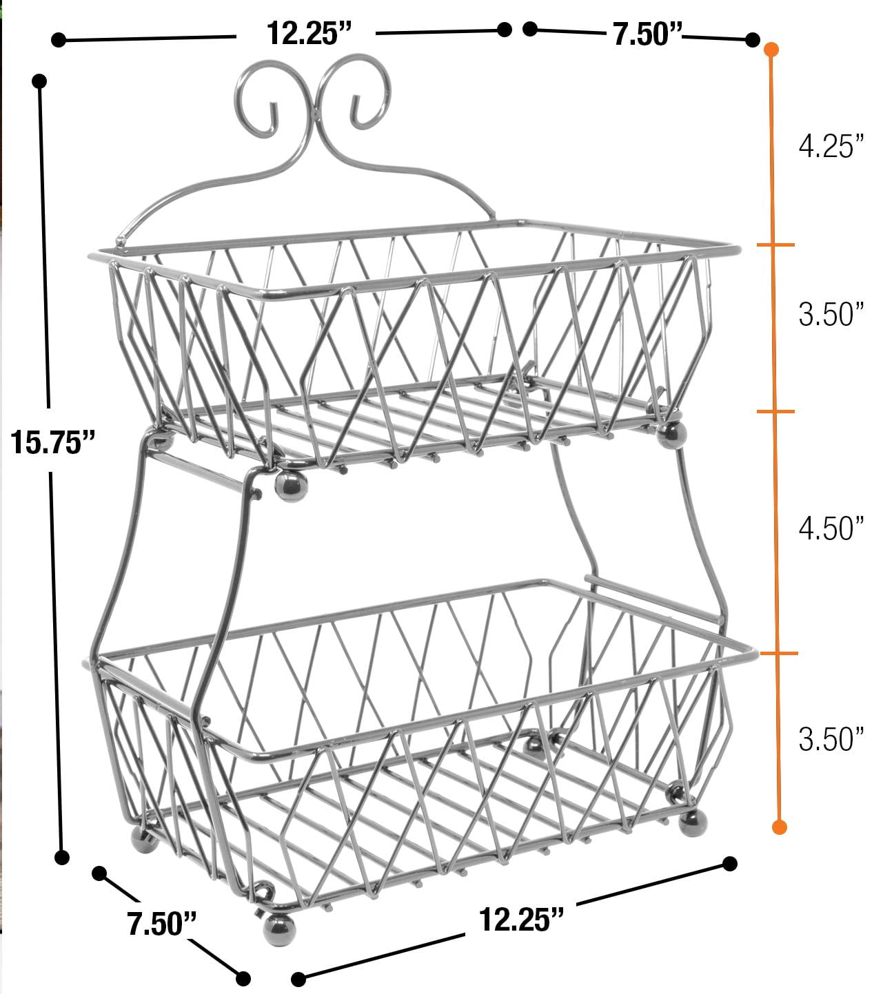Sorbus Fruit Basket Display Stand, 2-Tier, for Vegetable, Fruit & Bread Counter Storage for Kitchen, Bathroom, Rectangular Antique Metal (Silver)