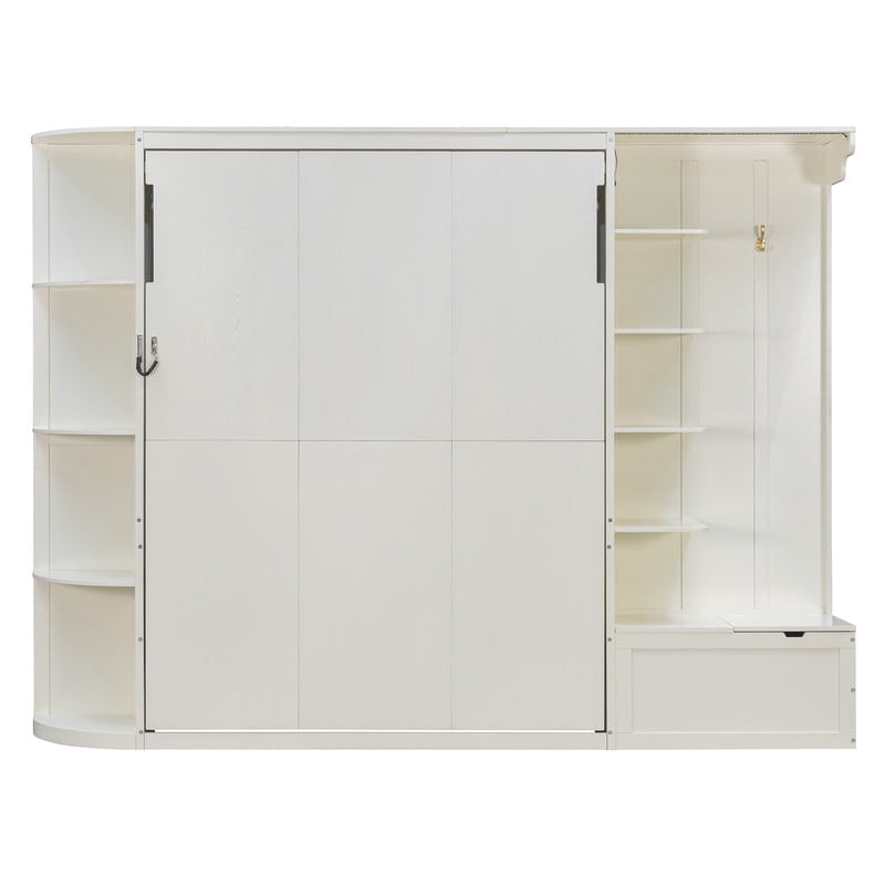 Queen Murphy Bed with Shelves, Coat Hook & Hidden Storage Cabinet, Space-Saving Wall Platform Bed with Built-in Lights