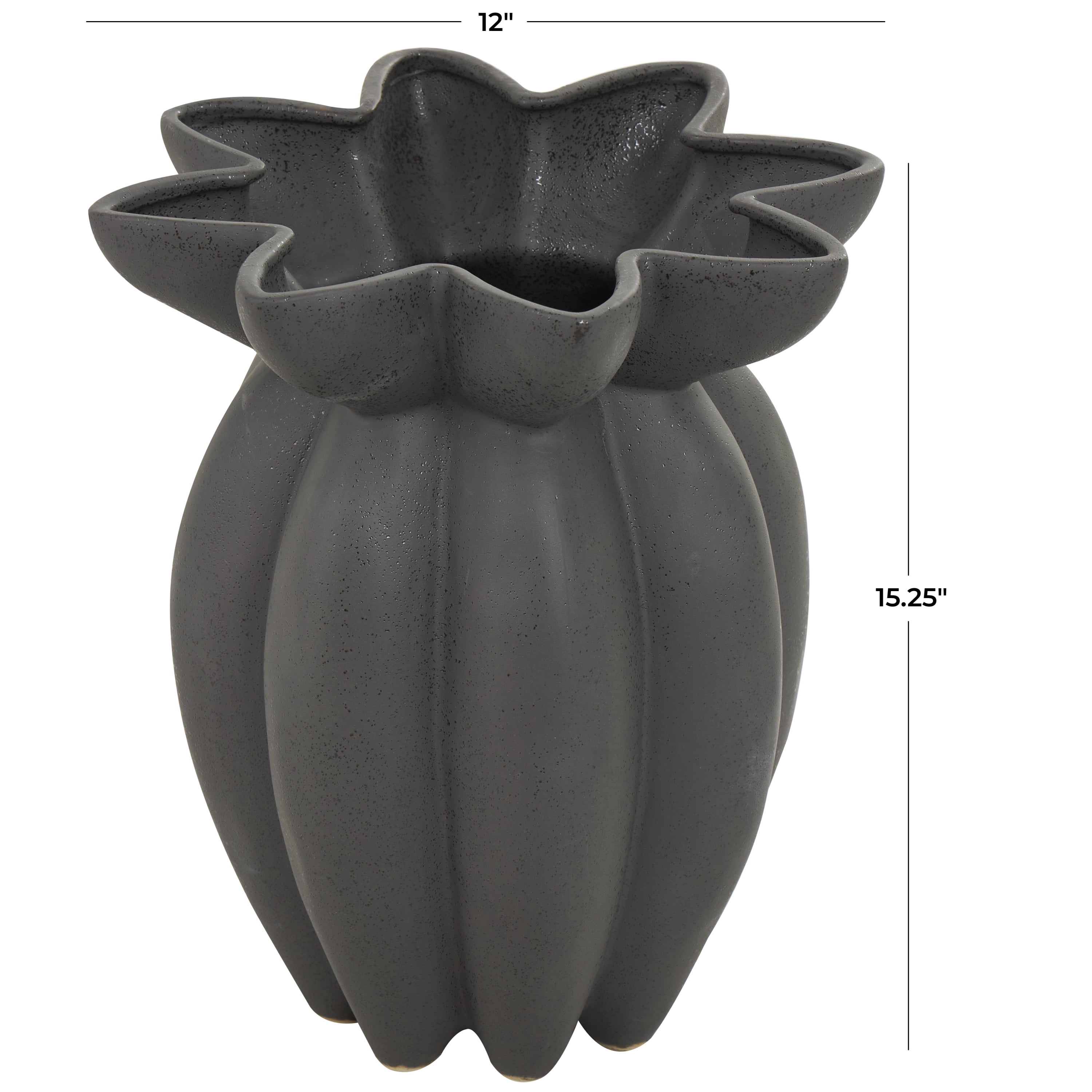 DecMode 15" Speckle Textured Black Ceramic Vase with Tulip Style Opening