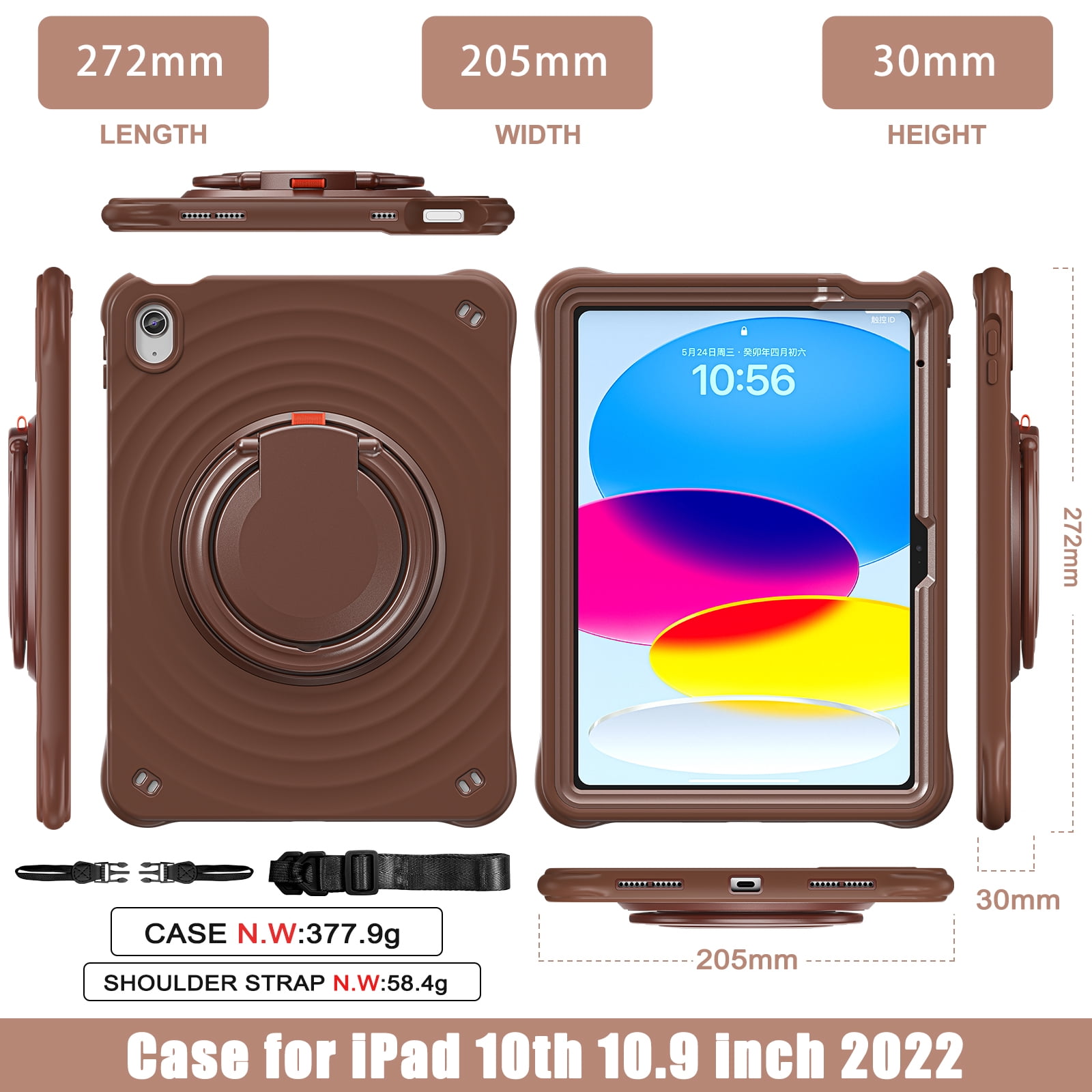 ELEHOLD Case for Apple iPad 10th Gen, Portable Hybrid Shockproof iPad Case with Pencil Holder & Hanging Ring Handle Rotatable Kickstand,Chocolate
