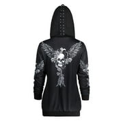 KZKR Women 's Gothic Punk Hoodies Y2k Skull Print Long Sleeve Drawstring Hoodies Cropped Loose Sweatshirts