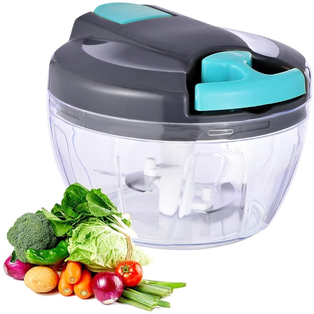 Triturador de Alimentos Manual de 500 ml con Cuerda Tiradora para Ajo Verduras y Frutos Secos en Azul Grisáceo