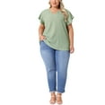thumbnail image 2 of Blusas de verano casuales de talla grande para mujer Agnes Orinda, con textura, cuello en V con muesca y mangas con volantes, 3X, verde, 2 of 6