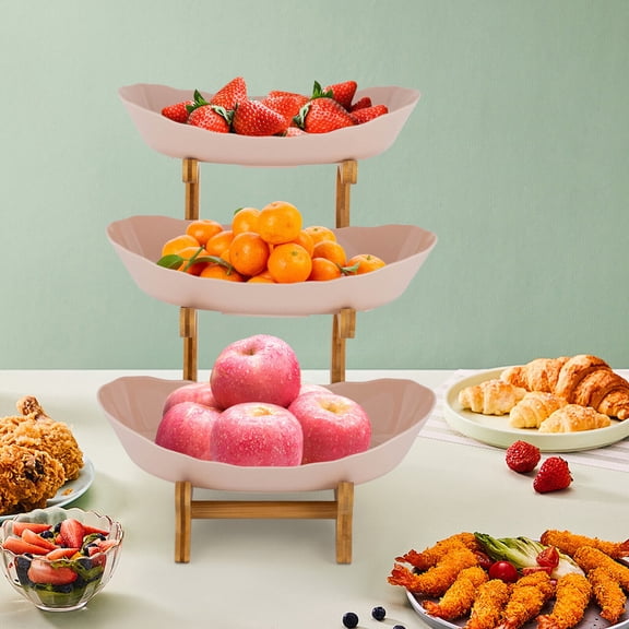 3-Tier Serving Bowls with Stand,Snack Dessert Cake Tray Plate Rack for Party Wedding, Beige Fruit Bowl with Bamboo Wood Stand