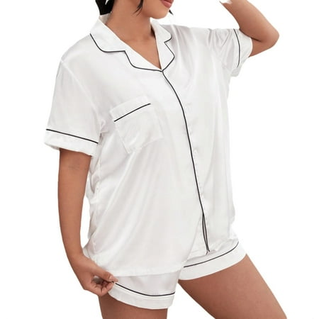 

Womens Plus Pajama Sets Contrast Binding Short Sets Lapel Short Sleeve White 4XL
