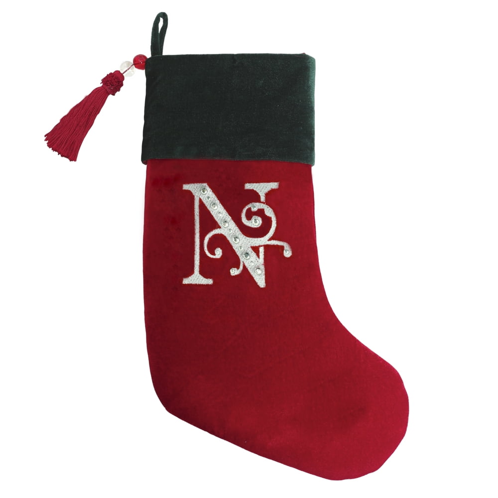 Christmas Stocking Red & Green Velvet With Tassel, Rhinestone Monogram ...