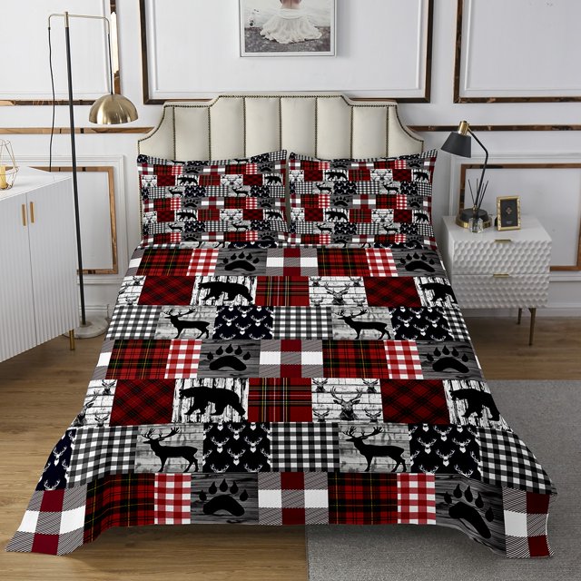 Erosebridal Hunting Deer Bear Bedspread Sets King Size, Rustic Grey Red Check Patchwork Bed Quilt 3 Pieces
